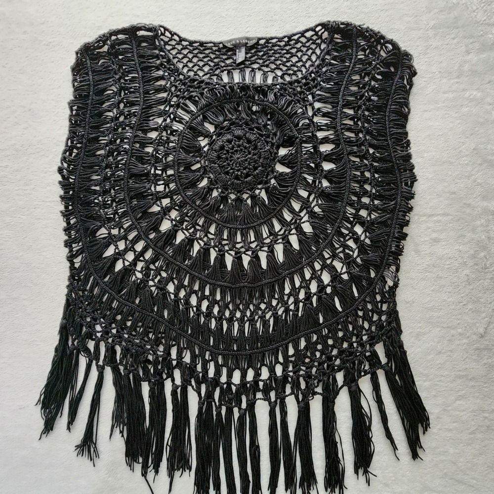 Crochet Fringe Poncho Top 1X 2X Black Open Knit Witchy Festival Whimsigoth Goth - Picture 6 of 12